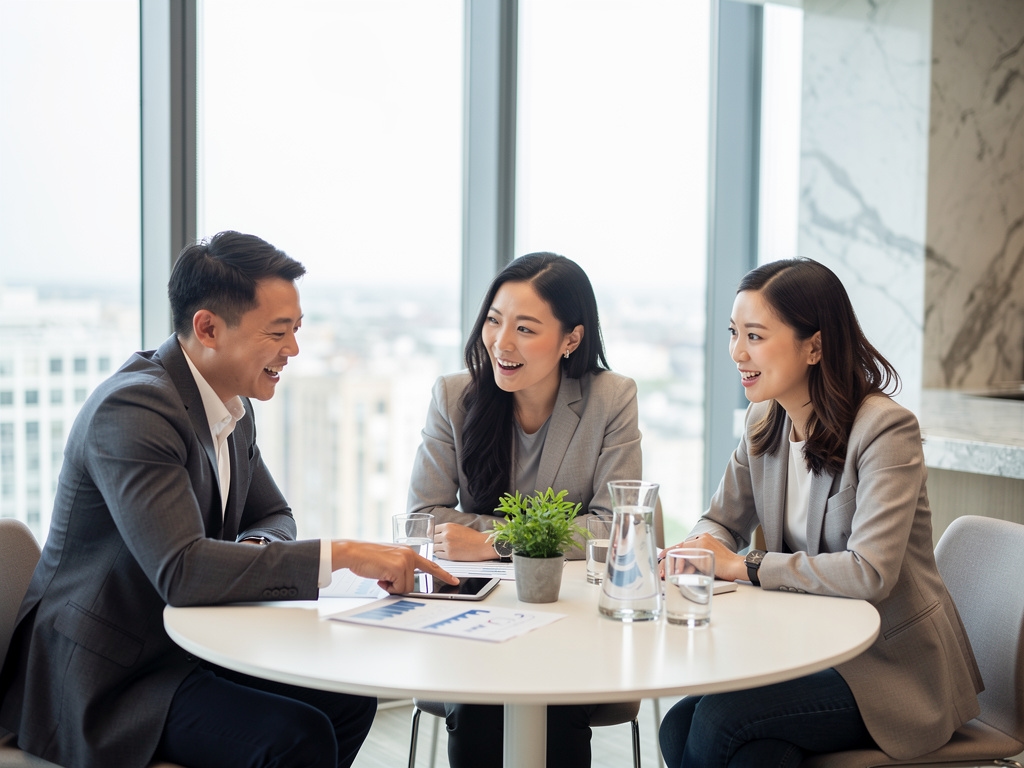 Kleines Team diskutiert Finanzplanung an einem hellen Bürotisch