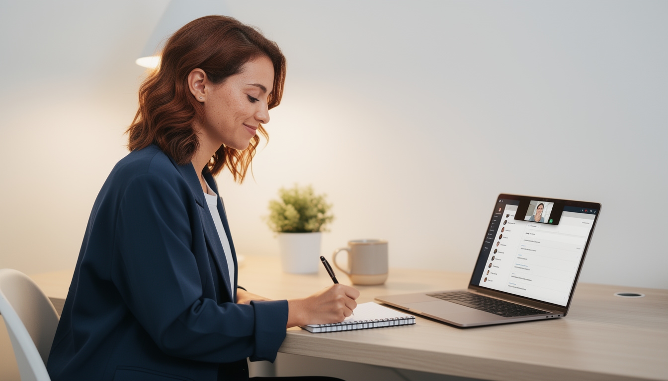 Webinar-Teilnehmerin macht Notizen während des Online-Kurses